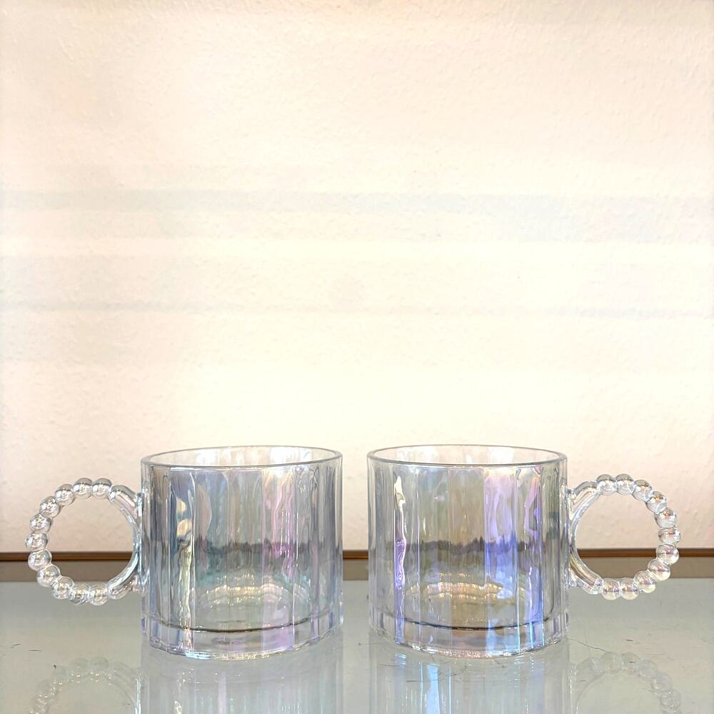 Set of 2 Iridescent Glass Mugs With Beaded Handles NEW